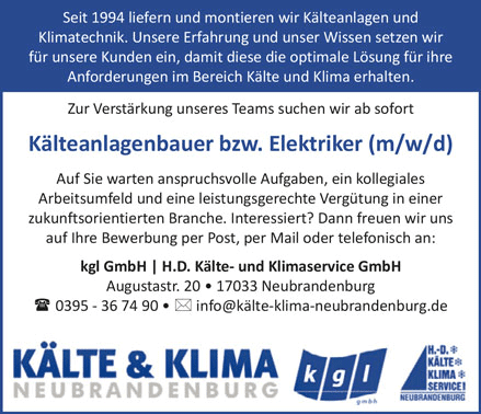 KGL GmbH | H.D. Käl­te- und Kli­ma­ser­vice GmbH - Stellenanzeige